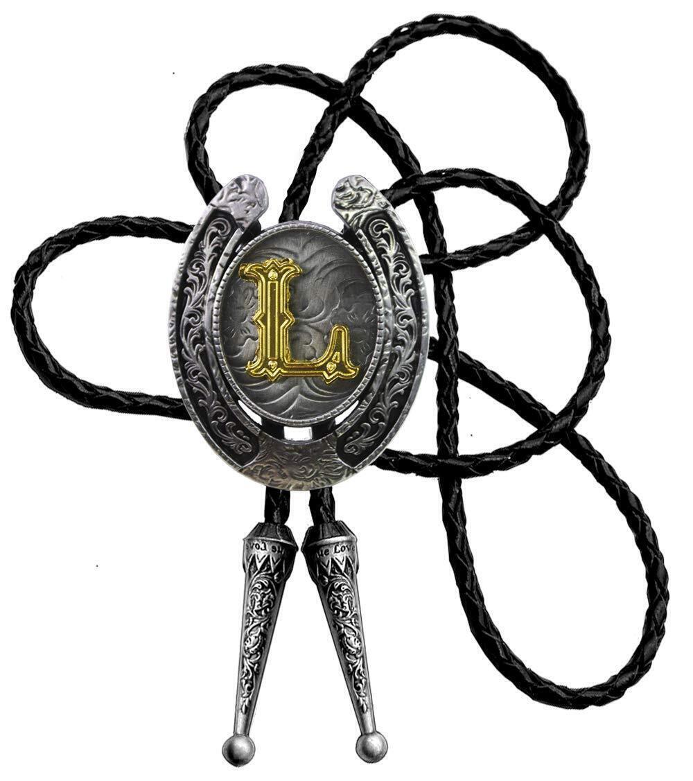 7796 Bolo Tie Golden Initial Letter A to Z In Western Cowboy Horseshoe